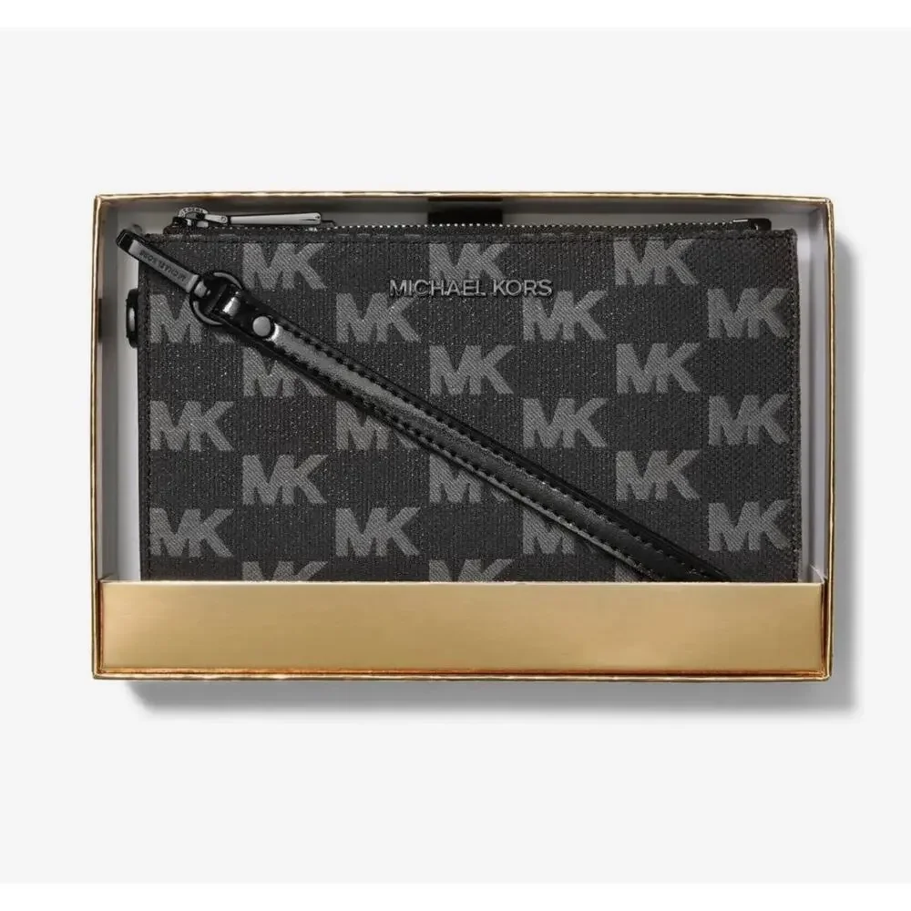 Michael Kors MK Jet Set Double Zip Phone Wristlet Wallet Black Signature Fabric